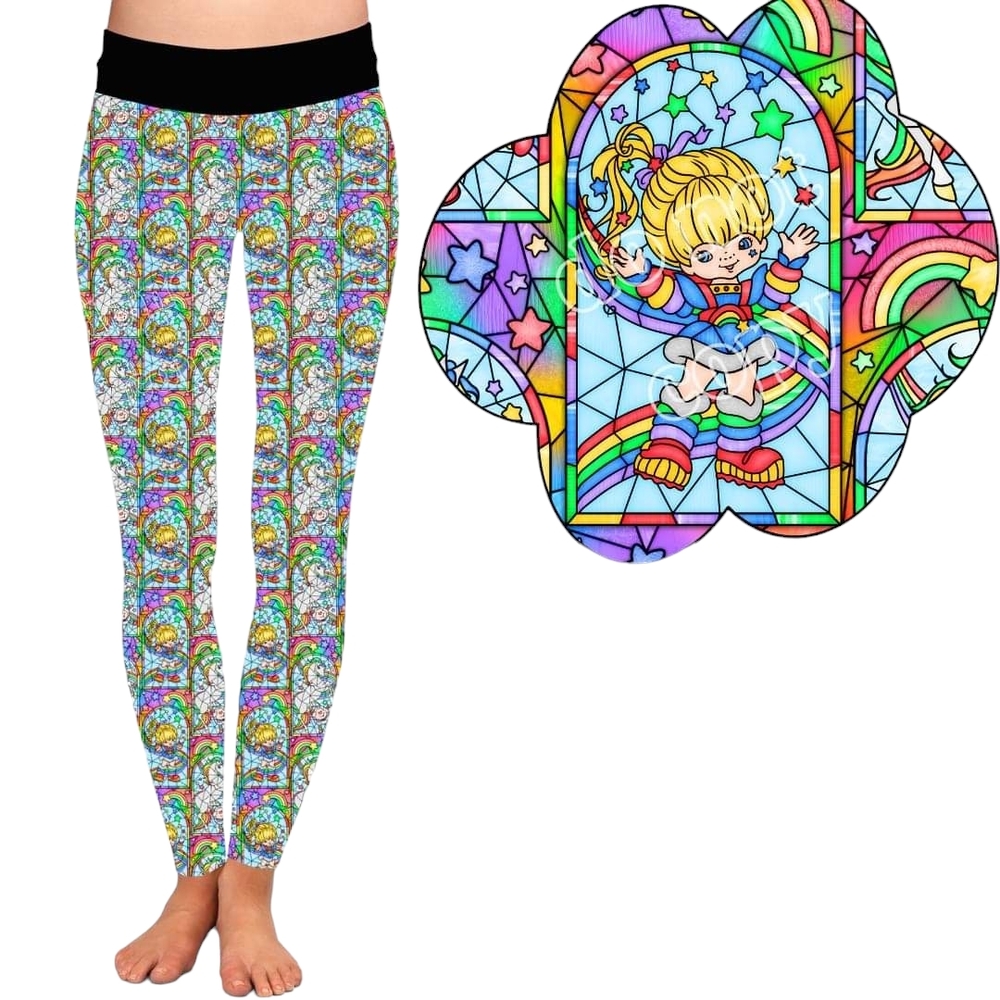 Rainbow Patterned Leggings with Black Waistband & Pockets